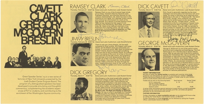 1974 NYU "Great Speakers Series" Multi-Signed Program Signed by 5 Including Ramsey Clark, George McGovern, Jimmy Breslin, Dick Gregory and Dick Cavett (Beckett PreCert)